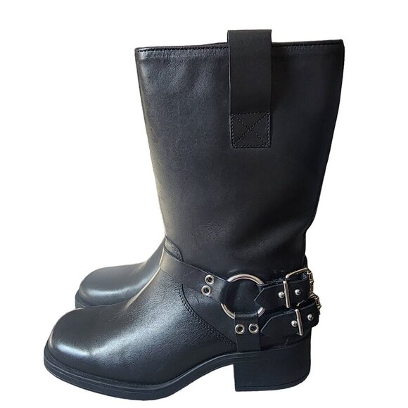 Black and Silver Mid-Calf Moto Boots with Harness Strap - Picture 4 of 16
